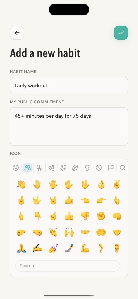 Add a new habit screen with a habit name, a public commitment of 45+ minutes per day for 75 days, and an emoji icon picker